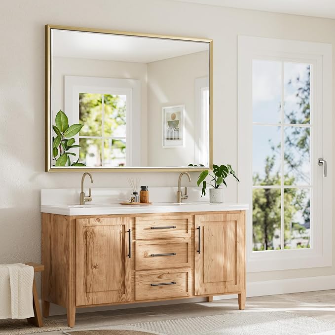 48 x 36 Gold Bathroom Mirror, Brushed Gold Beveled Bathroom Mirror, Shatterproof Large Gold Frame Rectangle Mirror, Brushed Brass Gold Framed Vanity Mirror Vertical/Horizontal Wall-Mounted