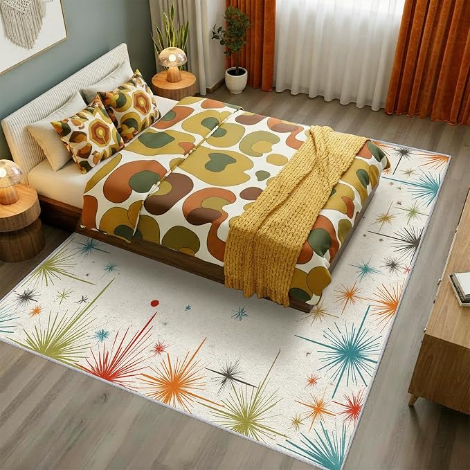 Mid Century Modern Rug 7x9 50s 60s Retro Starburst Pattern Area Rugs for Living Room, Bedroom, Mid Century Modern Home Decor Accessories Indoor Carpet, Non Slip & Machine Washable