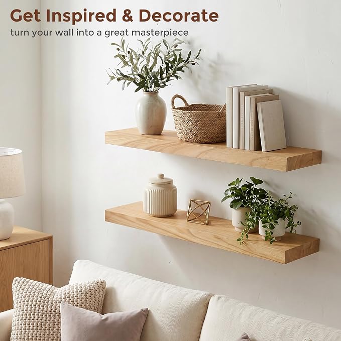 fuqing Natural Wood Floating Shelves | 24 Inch Floating Shelves for Wall Set of 2 | 24" W x 6.7" D x 1.4" H Natural Wooden Shelves for Bathroom Living Room Bedroom Kitchen