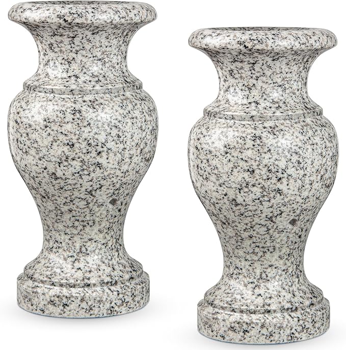 Cemetery Vase, Turned Granite Vase Polished, Memorial Stone Vases with Draining Holes for Home Tabletop, Cemetery Flowers, Grave Headstone Decorations (2Pcs, Grey)