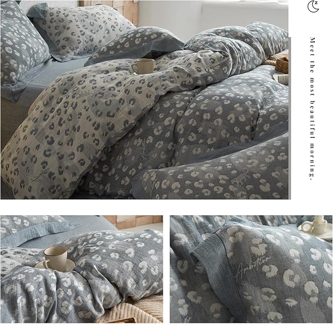 Grey Leopard Duvet Cover Set Twin XL Leopard Print Jacquard Duvet Cover with 2 Pillowcases Yarn-Dyed Linen Cotton Vintage Floral Bedding Set Wild Animal Cheetah Print Comforter Cover for Boy Girl Teen