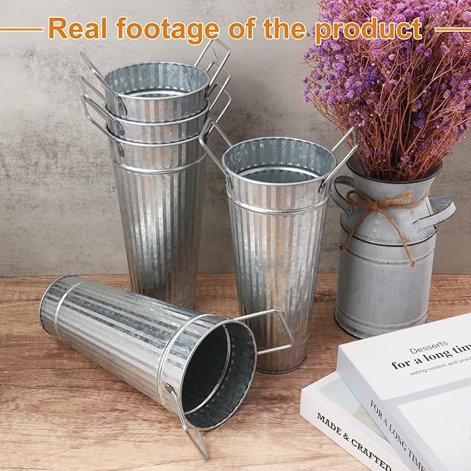 10 PCS 9 Inch Tall Galvanized Flower Buckets, Metal Flower Vase, Rustic Farmhouse French Flower Buckets with Handles for Wedding, Home Décor(Silver)