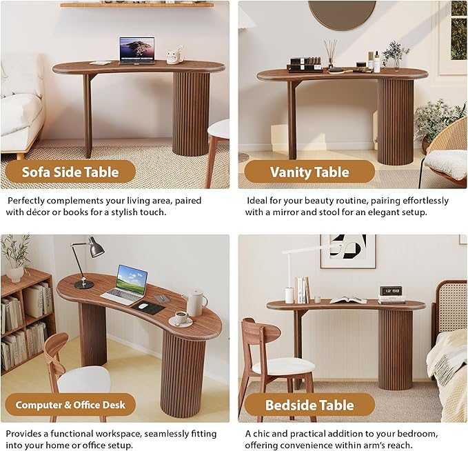 LEVNARY 54.3" Curved Small Computer Desk, Wooden Executive Desk with Sturdy Fluted Legs, Modern Luxury Corner Single Writing Vanity Desk for Bedroom Living Room Home Office (Walnut)