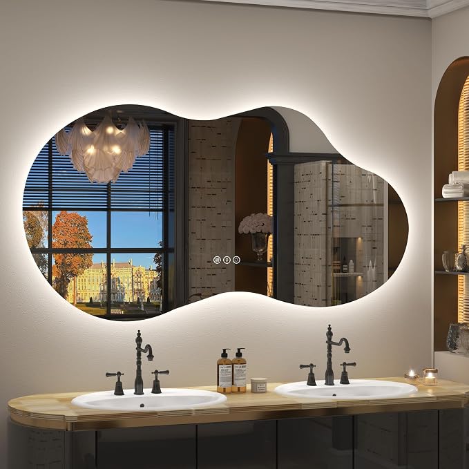 60x32 Inch Irregular Cloud LED Bathroom Mirror with Lights, Asymmetrical Backlit Vanity Mirror for Wall, Anti-Fog, Dimmable, Memory, 3 Colors, Shatterproof (Horizontal/Vertical)