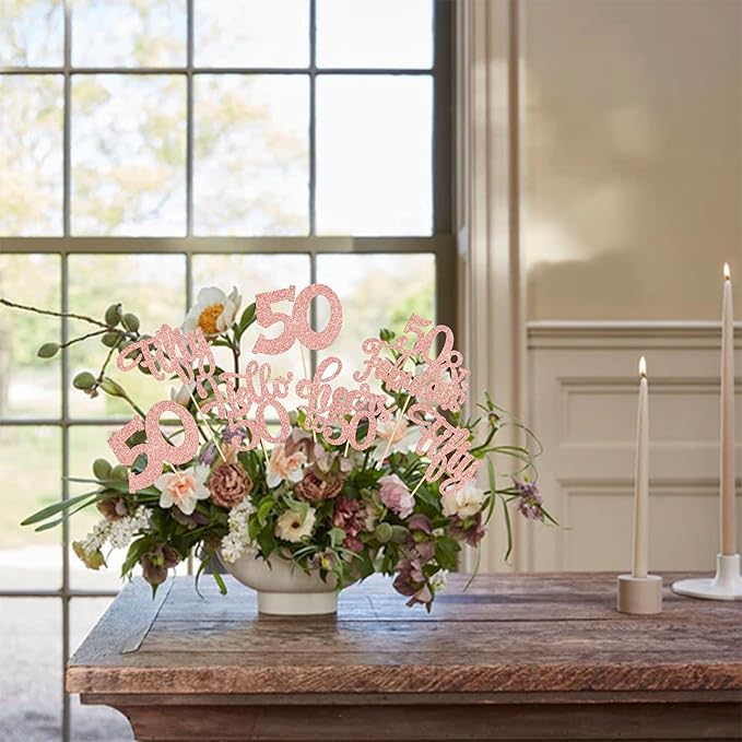 Gyufise 15Pcs 50th Birthday Centerpiece Sticks Fifty Happy 50th Table Flower Centerpieces Sticks Cheers to 50 Floral Decorations for 50th Birthday Party Centerpieces Supplies Rose Gold