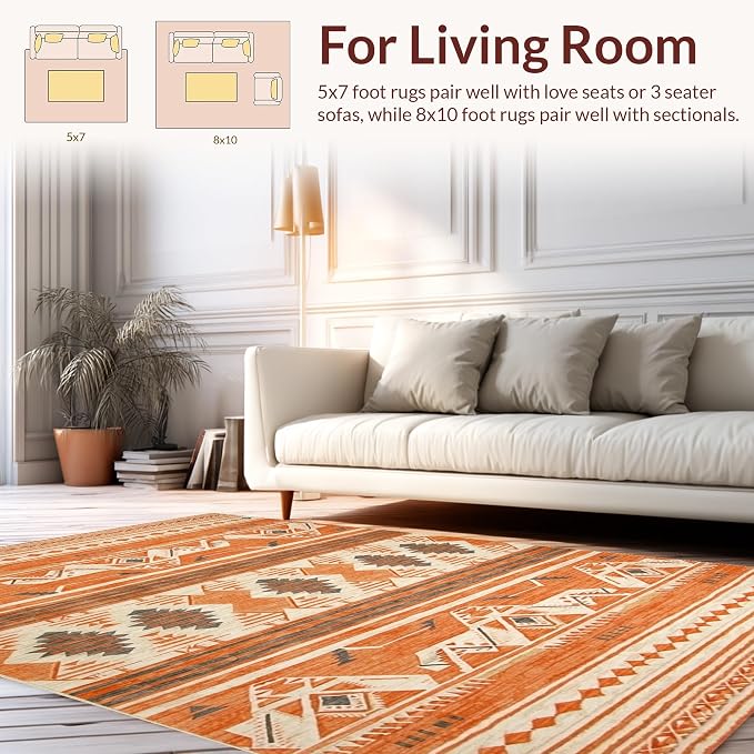 Flatwoven High Traffic Area Rug 8x10, Southwestern Inspired Rug Featuring Bold Aztec Diamond, Non Slip, Stain Resistant, Washable Area Rugs for Living Room, Bedroom (Orange, 8x10)