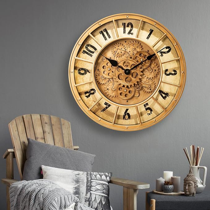 18 Inch Large Gear Clock with Realistic Moving Gears Industrial-Style Steampunk Wall Decor Clock Ideal for Living Rooms, Home Offices, Factories, Bedrooms, Warehouses, and Cabins (Gold, 18 inch)