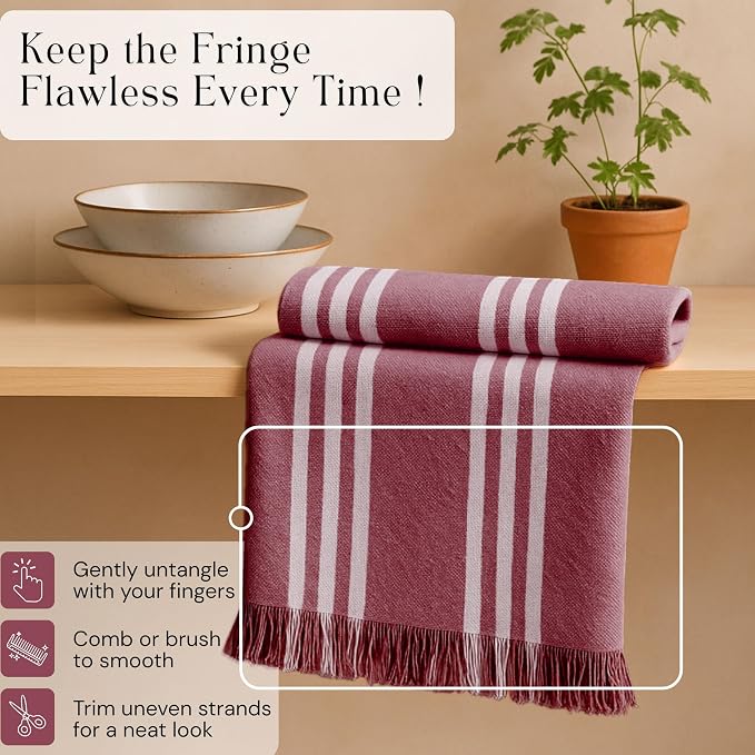 Prewashed Stripe Dish Towels 4 Pack, 16x26 Inches, Absorbent Hand Towels for Kitchen Use, Quick Dry Cloths for Cleaning, Durable Washable Rags, Reusable Dishcloth Set - Burgundy Wine