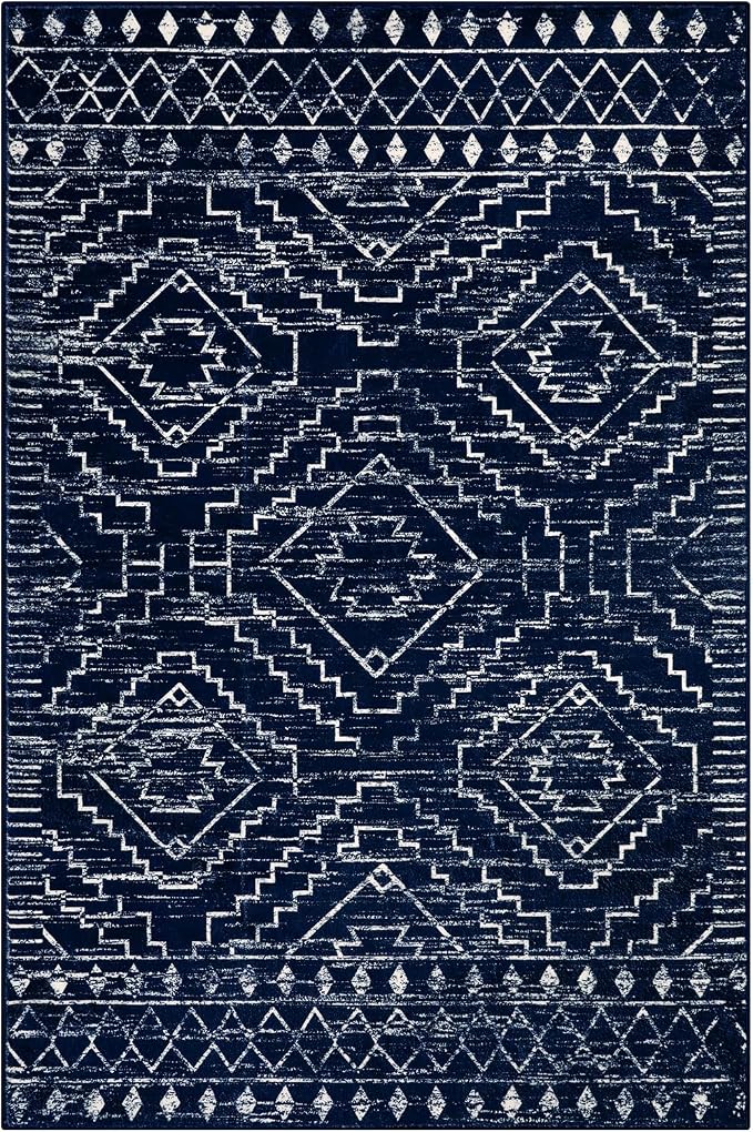 Wonnitar Moroccan Washable 6x9 Rug, Blue Large Living Room Area Rug, Non-Slip Boho Soft Rug for Bedroom, Non-Shedding Ultra-Thin Geometric Carpet for Dining Room Kitchen Basement (Blue,6'x9')