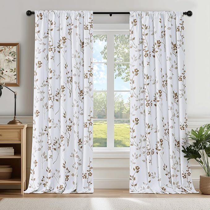 Beauoop Floral 100% Blackout Curtains 63 Inch Length 2 Panels for Bedroom Living Room Tan Brown and White Flower Patterned Room Darkening Thermal Soundproof Rod Pocket Back Tab Window Drapes, 52X63