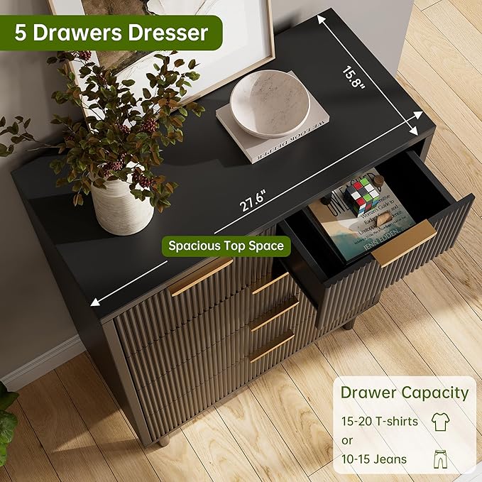 GarveeHome Black Wave Fluted 5 Drawer Dresser for Bedroom, Modern Wood Chest of Drawers with Wide Drawers, Closet Dresser Organizer with Anti-Tipping Device and Metal Legs for Hallway Entryway