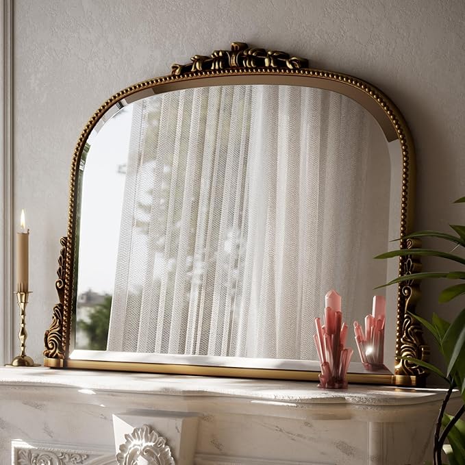 Wall Beaded Mirror, 44 x 32 Inch Round Top Right Angle Wall Mirror, Tempered Glass, Rust Resistant, Horizontally or Vertically Hanging, Gold