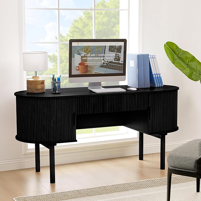 Executive Office Desk with Storage, 63 Inch Large Computer Workstation Desk with Drawer and File Cabinets, Mid Century Modern Fluted Wood Writing Desk for Home Office, Study Room, Living Room, Black