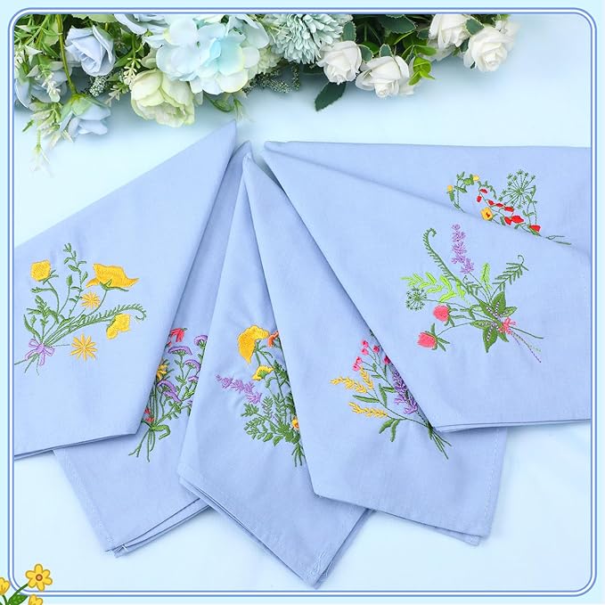 Tioncy 12 Pcs Christmas Floral Cloth Napkins Decorations Bulk Embroidered Wildflower Dinner Napkins Tea Cocktail Party Gifts Xmas Stocking Stuffers for Holiday Table Decor (Dusty Blue)