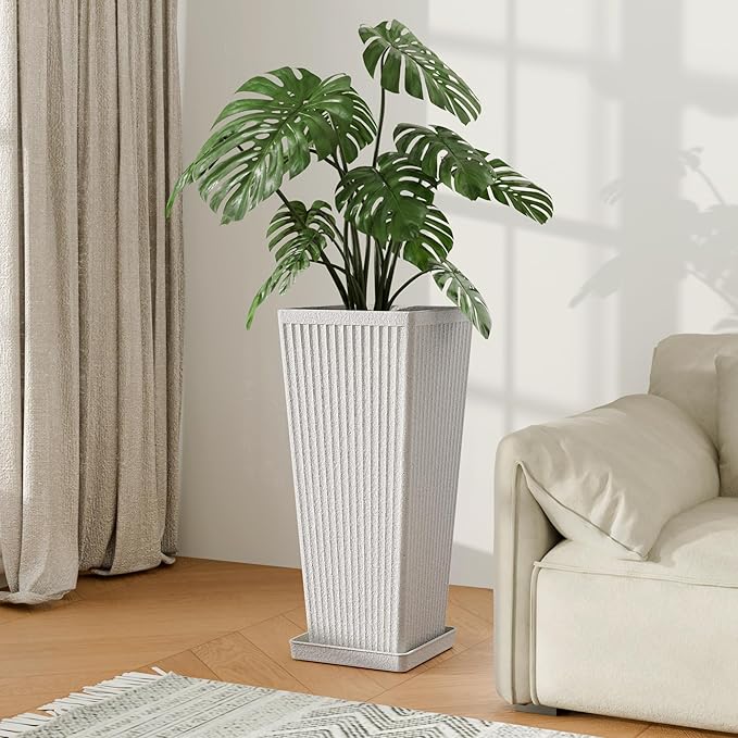 Square Tall Planters for Outdoor Plants Set of 2-23.6" Heavy-Duty Classic Tapered Indoor Flower Pots with Drainage Holes/Partition/Tray, Large Outdoor Planters for Porch Patio Garden, White