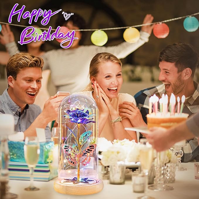 Beferr Christmas Birthday Gifts for Women, Mom Gifts for Christmas Galaxy Glass Rose Forever Preserved Flowers for Delivery Prime Rose in Glass Dome Xmas Gifts for Grandma Wife Sister Her, Purple