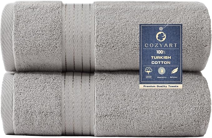 COZYART Light Grey Bath Towels for Bathroom 2 Pcs, 27x54 Cotton Towel Set Super Soft Highly Absorbent Durable 650 GSM Shower Towels for Daily Use