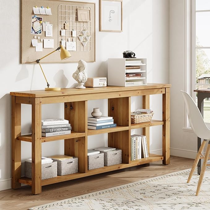 Solid Wood Horizontal Bookcase with Adjustable Shelves, 6 Cubes Storage Organizer Long Bookshelf, Farmhouse Low Cubby Bookcase for Living Room, Home Office, 63 Inches