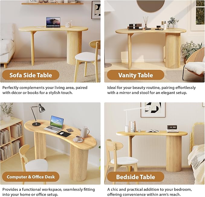 LEVNARY 54.3" Curved Small Computer Desk, Wooden Executive Desk with Sturdy Fluted Legs, Modern Luxury Corner Single Writing Vanity Desk for Bedroom Living Room Home Office (Natural)