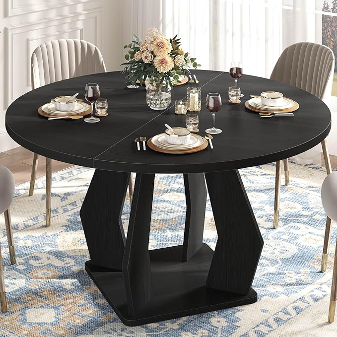 IBF Black Round Dining Table for 4-6, 47 Inch Kitchen Table with Spacious Tabletop Modern Circle Dining Table, Wood Dinner Table Pedestal Base for Dining Room, Kitchen,Living Room,Office