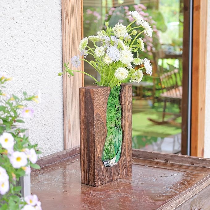 Wood and Glass Inlay Vases Farmhouse Wooden Glass Flower Vase Solid Wood Glass Vase Home Decor Vases for Centerpiece (9.45 Inches)