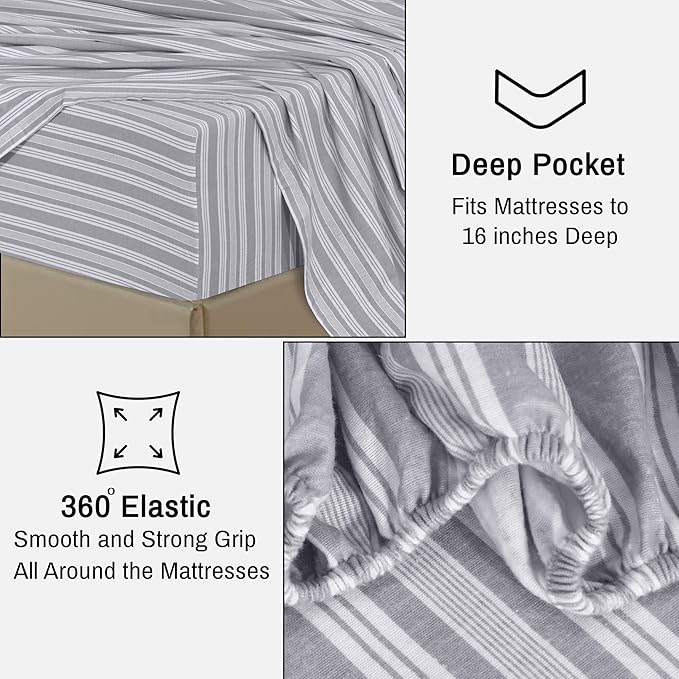 RUVANTI Flannel Sheets Full Size - 100% Cotton Double Brushed Bed Sheets Set, Deep Pockets 16 Inches, All Seasons Breathable & Extra Soft Full Sheets, Warm & Cozy, 4 Piece, Grey Lining