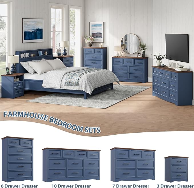 Blue Dresser for Bedroom, Modern 7 Chest of Drawers, 47" Wide Chest of Drawers w/Brushed Metal Handle, Wood Closet Organizers and Storage Cabinet for Bedroom, Living Room, Hallway