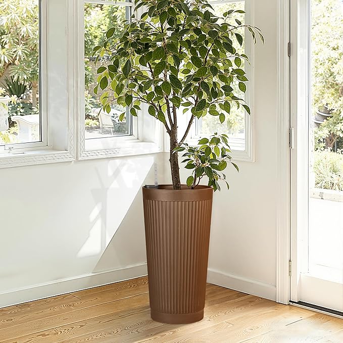 24" Tall Self Watering Planters for Indoor Plants, 2 Pack Large Plastic Outdoor Planter Pots with Built-In Water Reservoir and Level Indicator, Decorative Modern Flower Pots for Home & Patio (Brown)