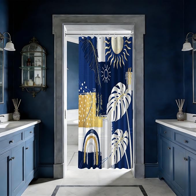 Small Stall Narrow Shower Curtain Blue and White Stand Up Abstract Navy Blue and Gold Boho Shower Curtains for Rv Camper Bathroom Decor Sets, Waterproof Cloth Fabric with Hooks, 36 x 72 Inch