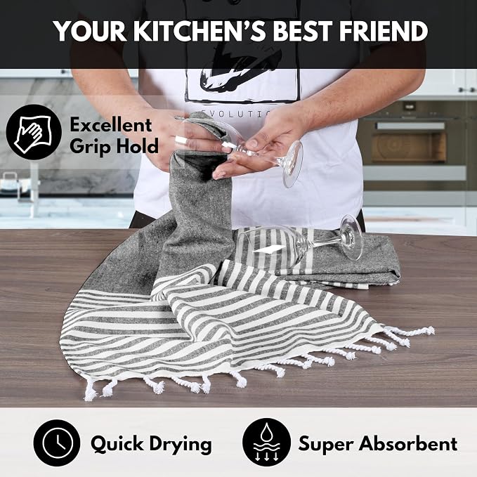 Turkish Kitchen Towels 18x26 Inches with Tassels - 4 Pack - Absorbent, Durable, Soft 100% Cotton Dish Towels for Drying & Cleaning - Machine Washable, Quick Dry - Black