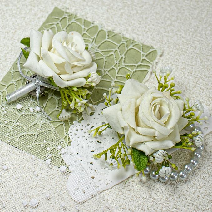 2pcs White Rose Corsage and Boutonniere Set Pearl Wristband Bracelet Artificial Corsage Brooch,Wedding Bouquet for Bride and Groom for Wedding Prom Party Corsage Wristband Flower Accessories Decor