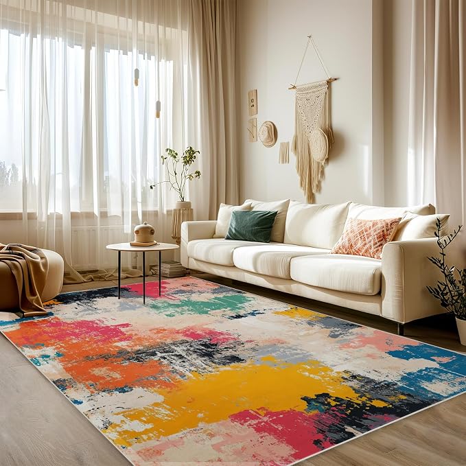 5x7 Colorful Area Rug Modern Abstract Beige Orange Yellow Pink Blue Black White Grey Rug Bedroom Low Pile Thin Large Carpet Living Room Non Slip Dining Room Stain Resistant Office Washable Machine