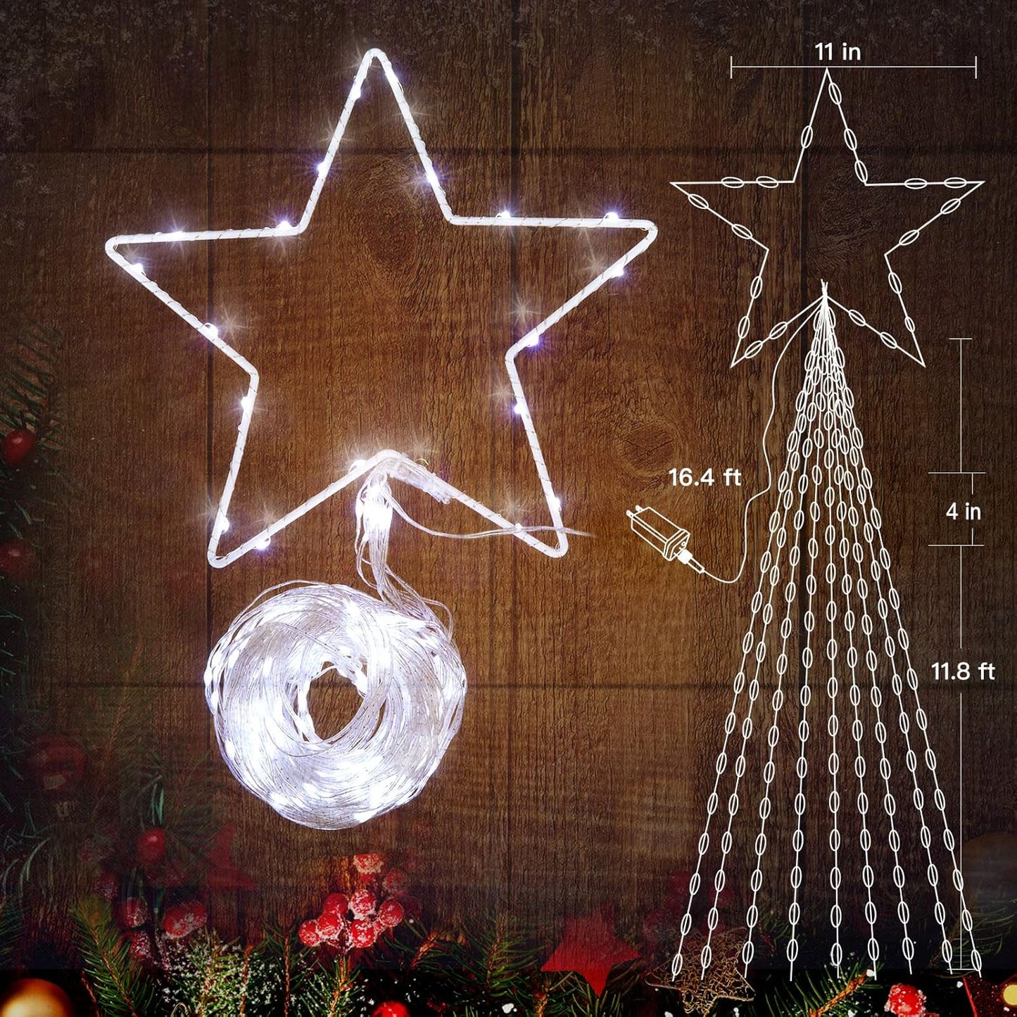 Skiennix Christmas Star String Lights - 344 LED Waterfall Tree Lights with Iron Topper | Pure White Indoor/Outdoor Decor