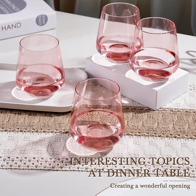 Pink Stemless Wine Glass Set of 6-17oz Wine Glasses, Stemless Drinking Glasses for Wine, Cocktails & Beverages - Elegant Glassware for Home, Bar & Holiday Use