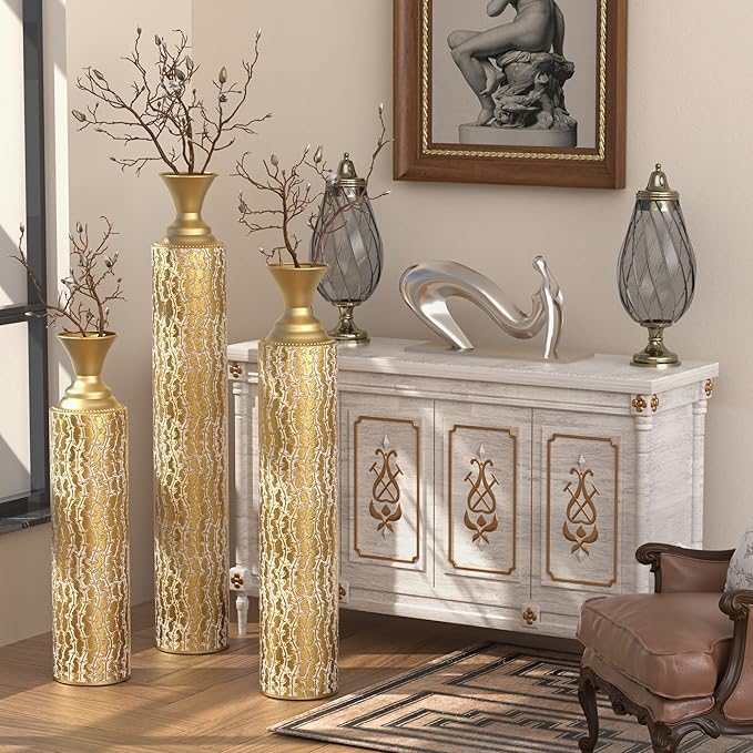 Modern Vintage Floor Vase Set: Oversized Tall Vases in Gold for Living Room Decor