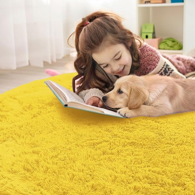 OLANLY Yellow Round Rugs for Bedroom - Machine Washable, 3 ft Circle Area Rugs for Living Room, Soft and Fluffy Shaggy Carpet for Teen Girl and Boys, Nursery Rooms, Dorms, Home Decor Aesthetic