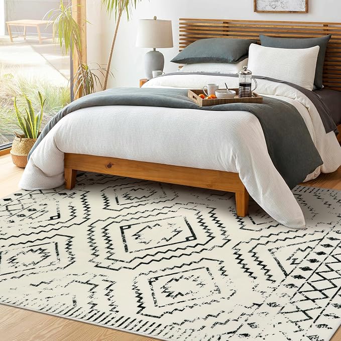 Wonnitar Moroccan Washable Rugs 5x7, Large White Tribal Area Rug for Living Room, Non-Shedding Soft Bedroom Accent Throw Mat, Geometric Floor Carpet for Dining Table Entry Office (Beige,5'x7')