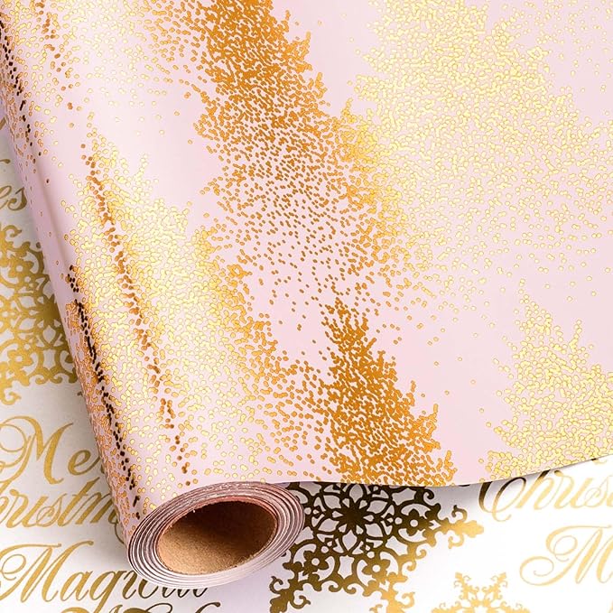 MAYPLUSS Christmas Wrapping Paper Roll, 17 Inch X 16.5 Feet Gift Wrapping Paper Featuring Gold Tree Reversible Snowflake Merry Christmas Thick Wrap Paper for Holiday Party New Year Kids