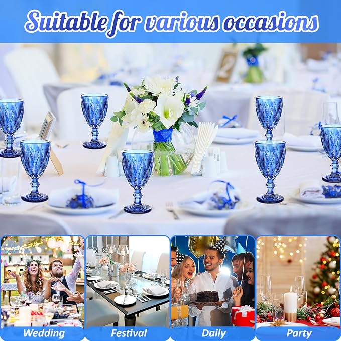Yinder Glass Goblet Vintage Wine Goblet Embossed Glassware 10 oz Solid Color Glass Stemmed Cups for Iced Tea Beverage Soda Juice Water Liquor and Party Wedding Bars Restaurants (Blue,12 Pack)