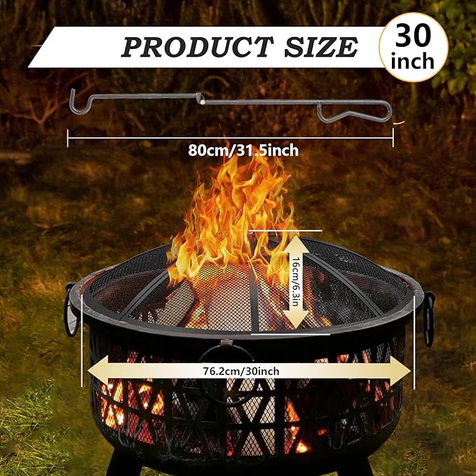Fire Pit Spark Screen, 30 Inch Diameter Fire Pit Screen with Handle & Poker,Heavy Duty Metal Mesh Fire Pit Screen,Fire Pit Lid for Outdoor/Beach/RV Camping/Backyard