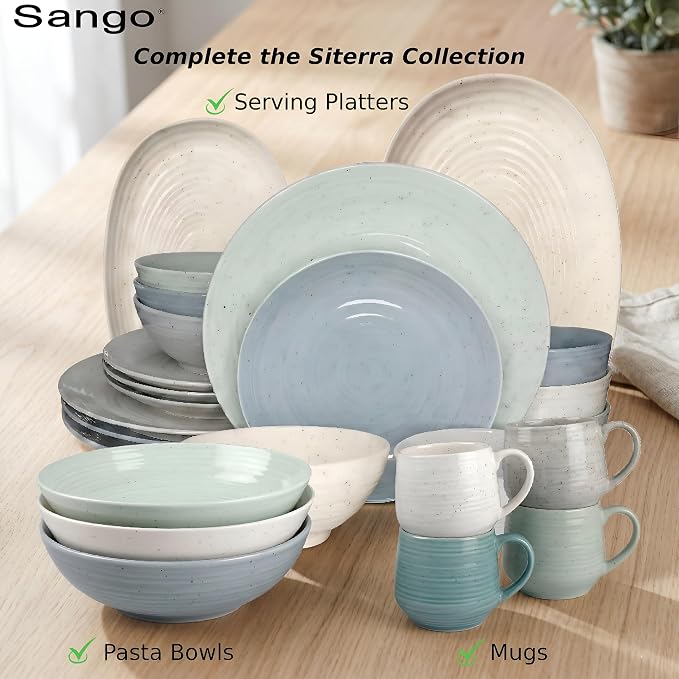 Sango Siterra Artist's Blend 16-Piece Stoneware Dinnerware Set for 4, Green, Cream & White Glossy Dishes with Speckles, Ceramic Plates and Bowls Sets for Everyday Dining, Microwave & Dishwasher Safe