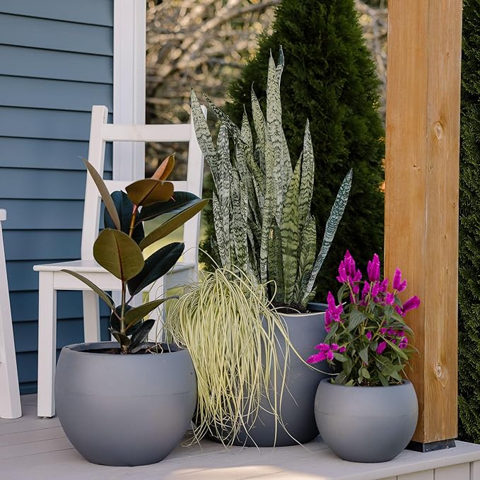 Beuta Large Planters for Outdoor Plants - Set of 3, 8/12/14 Inches Outdoor Planters for Porch - Tall Planter for Outdoor & Indoor Plants | Large Indoor Plant Pot - USA Made - Grey