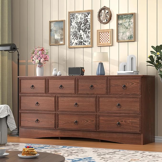 63”W Dressers for Bedroom, Long Dresser with 10 Deep Drawer, Dressers & Chests of Drawers for Clothes, Easy Pulls Handle, Textured Borders, for Living Room, Hallway,Cherry Wood
