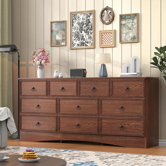 63”W Dressers for Bedroom, Long Dresser with 10 Deep Drawer, Dressers & Chests of Drawers for Clothes, Easy Pulls Handle, Textured Borders, for Living Room, Hallway,Cherry Wood