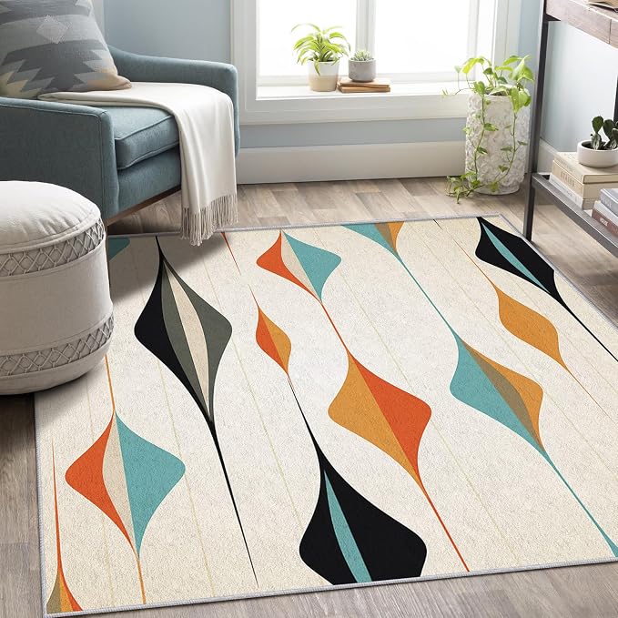 Mid Century Modern Rug 7x7, Washable Retro Geometric Rugs for Living Room Bedroom, Minimalist Area Rug for Home Decor, Non Slip Backing Floor Carpet with Gripper - 7 x 7 ft