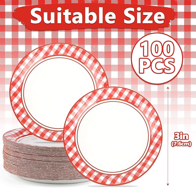 100 PCS Red and White Checkered Plates, Disposable 7 Inch Plaid Paper Dessert Plates, Dinnerware Set for Camp Barbecues, Bachelorette, Birthday Party Thanksgiving Christmas Decor, Serves 100 Guests