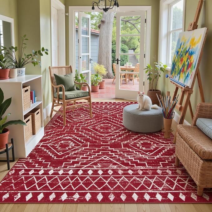 Wonnitar Moroccan Washable 2.5x8 Christmas Runner Rug for Hallway, Non-Slip Stain Resistant Kitchen Runners, Farmhouse Floor Carpet Soft Runner for Bathroom Hall Entyway (Red,2'6"x8')