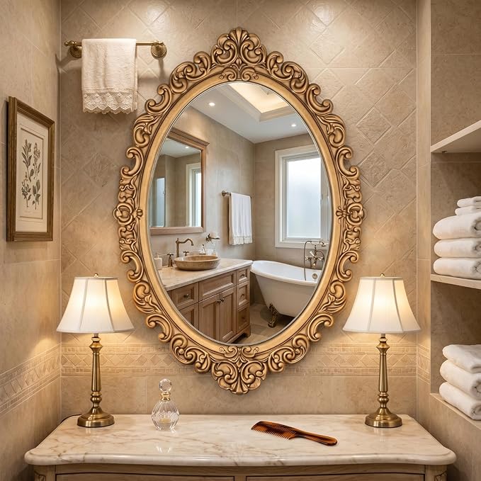 Vercraft 24" x 36" Vintage Gold Mirror for Wall, Antique Gold Oval Baroque Mirror with Imitation Resin Frame, Ornate Wall Decor for Entryway, Fireplace, Living Room, Hallway