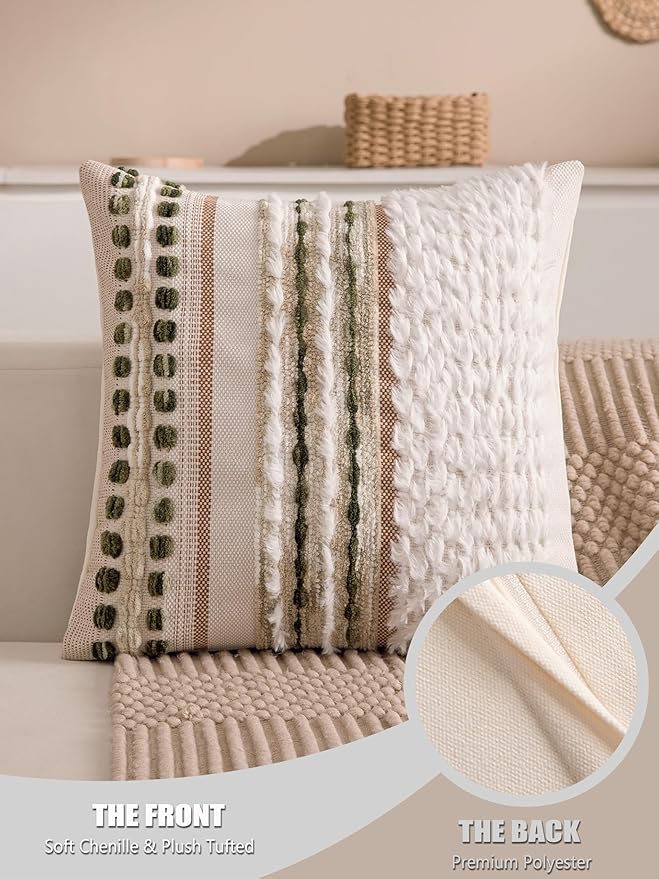 KOOLIFE Boho Chenille Tufted Couch Throw Pillow Covers 18x18 Inch Set of 2 Farmhouse Striped Decorative Pillow Covers Accent Neutral Square Pillowcase Green Cushion Covers for Livingroom Sofa Bed