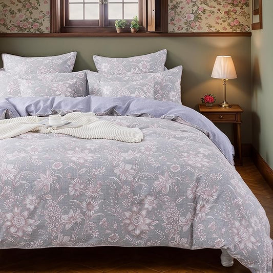 FADFAY Duvet Cover Set Queen Shabby Pink and Grey Floral Bedding Vintage Sunflower Bedding 600TC Elegant Summer Bedding 100% Cotton Soft Comforter Cover with Hidden Zipper Closure 3Pcs, Queen Size